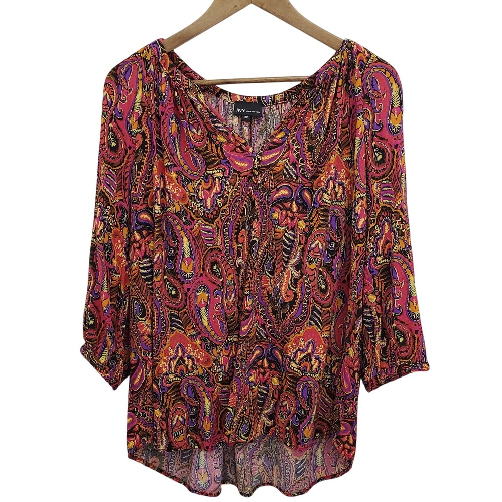 JNY Womens Paisley Print Peasant Boho Blouse Top Size 2X Multicolor 3/4 Sleeve